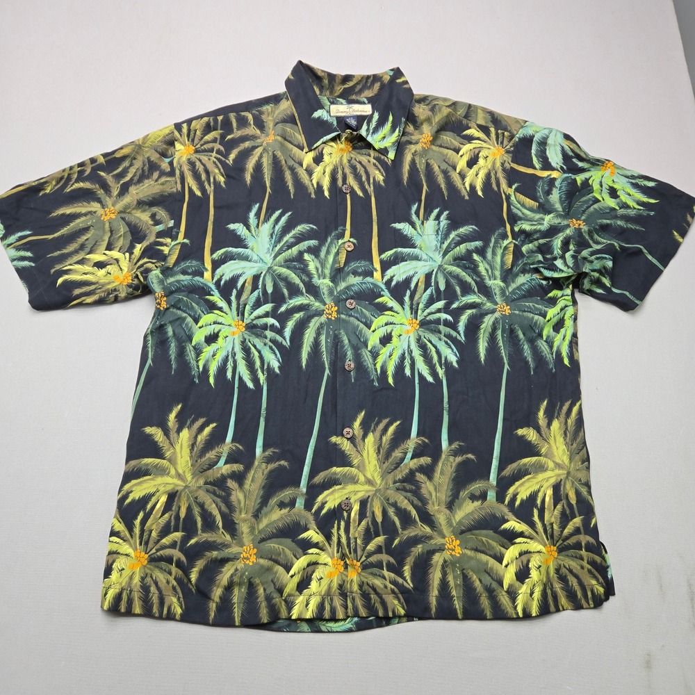 Tommy Bahama Button Up Shirt Palm Tree Print 100% Silk Navy Blue Mens L Camp